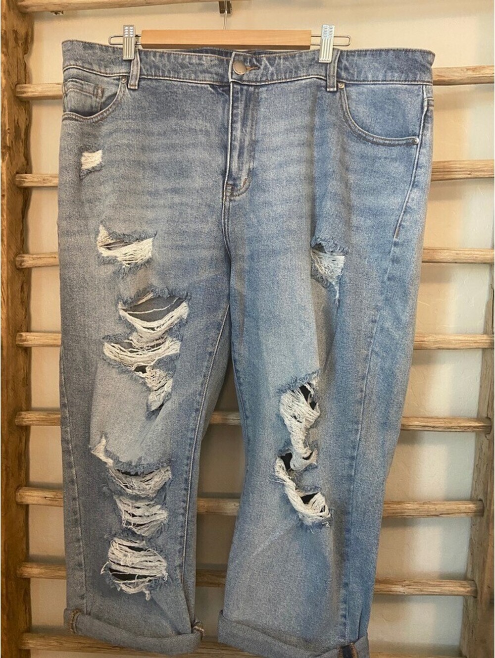 Light Blue Distressed Ripped Jeans with Rolled Cuffs